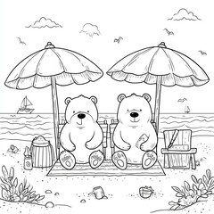 Cute black and white outline of bears relaxing under beach umbrellas, with sand, waves, and small beach toys in the background, kids coloring page design.
