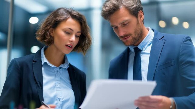 CFO and Sustainability Officer reviewing layered PL and sustainability scorecards in medium shot primary focus on CFOs analytical expression softblur background enhances teamwork