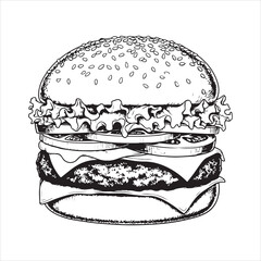 Detailed Black and White Illustration of a Classic Hamburger Featuring Fresh Ingredients and a Sesame Seed Bun