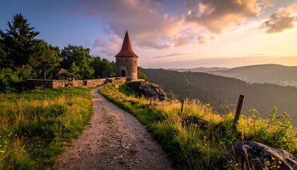 A scenic path winding towards a historic tower at the edge of a sun-drenched mountain range.