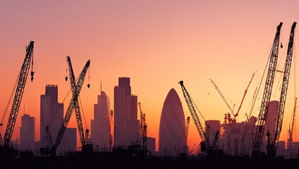 Fototapeta premium Silhouette of construction cranes against a cityscape at sunrise, showcasing a vibrant orange and pink sunset sky.