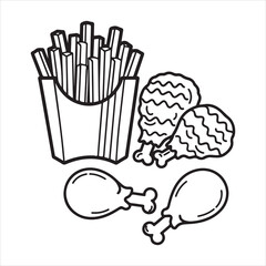 A Tasty Treat of Fried Chicken and French Fries Delightful monochrome drawing of classic fast food favorites, ready to enjoy