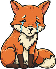 Obraz premium Sad crying fox sitting with tears on white background vector illustration in cute cartoon style 