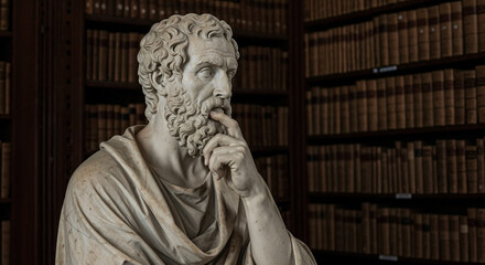 Marble statue of an elderly man in a library, exuding classical elegance