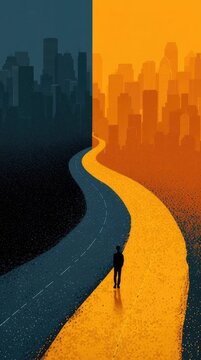 Silhouette of a man walking on a diverging road towards two cities