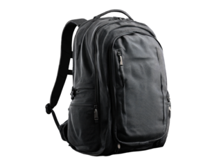 A dark gray/black backpack, angled view, with multiple zippered compartments and padded shoulder straps