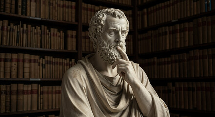 Marble statue of an elderly man in a library, exuding classical elegance