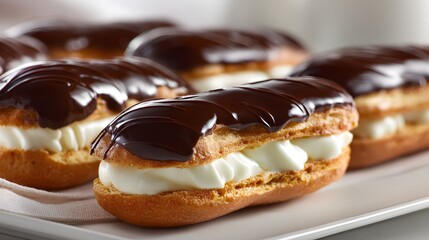 Delicious chocolate eclairs filled with cream and topped with dark chocolate glaze