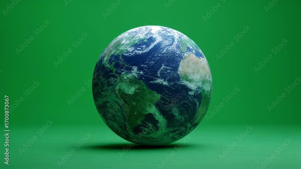 Poster Rotating planet earth on green screen background, presenting seamless globe spinning with clean visual design for video compositing and graphic projects