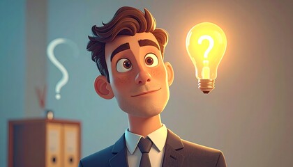 A cartoon man in a suit contemplates a glowing lightbulb with a question mark, showcasing a thoughtful and inquisitive mood.