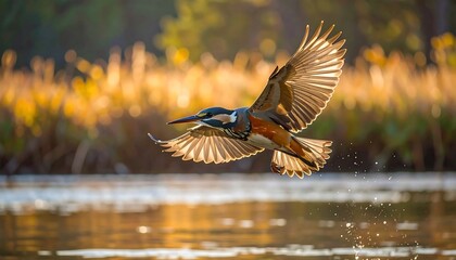 Fototapeta premium A kingfisher soars gracefully through a golden light, wings spread wide against a tranquil water setting.