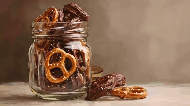 A glass jar filled with chocolate covered pretzels and some on the side