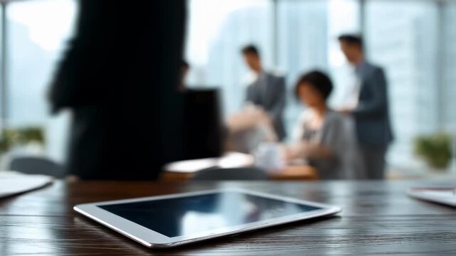 Clear focus on a tablet showing digital contract edits with blurred parties engaged in a NIL dispute mediation session behind.