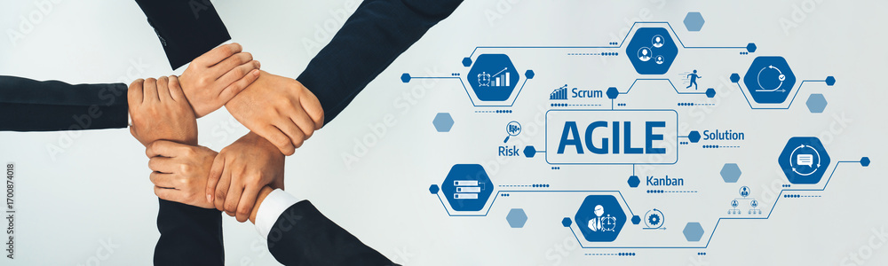 Poster this image showcases a diverse group of hands collaborating in an agile framework, emphasizing teamw