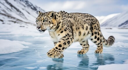 Obraz premium A majestic snow leopard walks across a frozen, icy landscape with snow-covered mountains in the background.