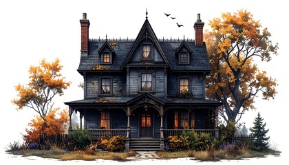 Fototapeta premium An autumnal, dark, and mysterious old home, framed by fall foliage, bathed in the soft light of twilight, stands sentinel against a white background.