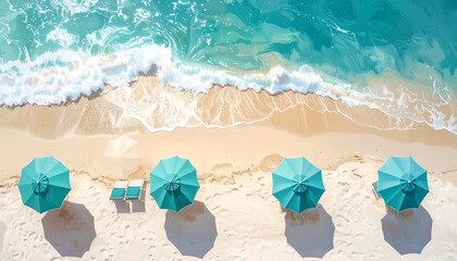 Turquoise beach umbrellas stand on a pristine white sand beach, bathed in the golden light of a sunny day, overlooking a turquoise ocean.