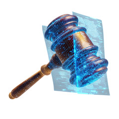 3D illustration of a gavel over a document, with digital network elements