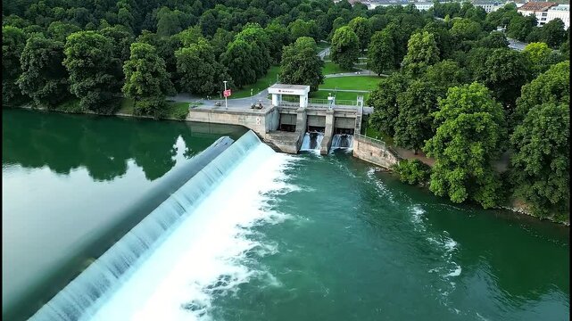 An aerial view of a hydroelectric dam and weir on a wide river, with water cascading over the spillway next to a lush green forest.