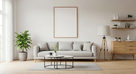 Fototapeta premium Serene living room featuring neutral tones furniture and natural light enhancing comfort