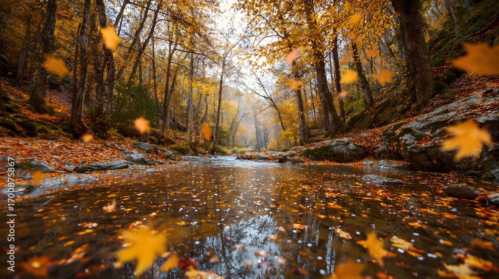 Poster autumn forest scene with a stream reflecting colorful fall foliage and leaves floating