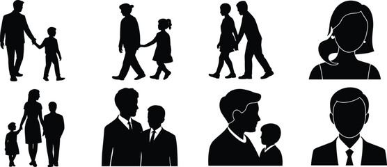 Silhouette people walking, family holding hands, business conversation, parent child interaction, professional profile, teamwork, community connection, human relationship concept illustration
