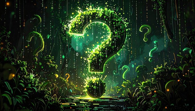 Glowing green question marks amongst forest foliage, cascading numeric code