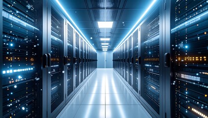 Fototapeta premium Server Room Corridor with Data Storage Racks and Bright Lighting