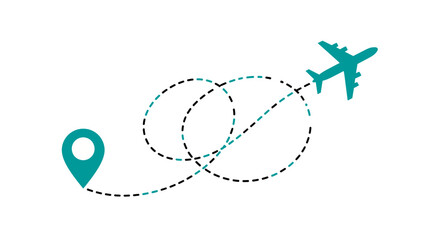 Vector icon of airplane flying on dotted route line symbolizing travel, navigation, destination, airline path, global journey, vacation, transport, and tourism connection