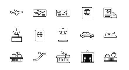 Vector icon sheet of airport and travel essentials including airplane, passport, ticket, taxi, escalator, luggage, and control tower for aviation, journey planning, and tourism