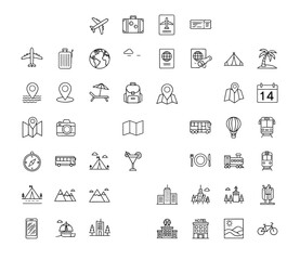 Vector icon sheet of travel and vacation elements including airplane, suitcase, passport, bus, train, car, map, tent, beach chair, cocktail, mountain, bicycle, and compass