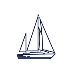 Vector minimalist line art illustration of sailboat with sails up symbolizing travel, adventure, tourism, exploration, journey, freedom, ocean lifestyle, and nautical holidays