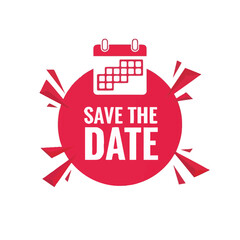 Vector icon of save the date calendar reminder with red burst elements symbolizing events, planning, business schedules, meetings, appointments, holidays, and organization