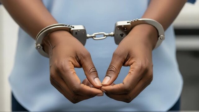 Hands of a Black woman in handcuffs illustrating arrest and detention
