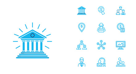 Vector sheet of blue finance and business icons including bank, magnifying glass, people, dollar pin, customer service, graph, money, and corporate management elements