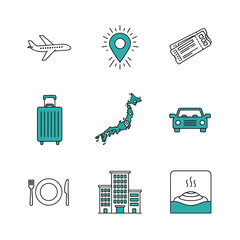 Vector icon sheet of travel and tourism icons including airplane, suitcase, car, Japan map, location pin, ticket, hotel, restaurant, and hot spring representing vacations