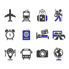 Vector sheet of travel and tourism icons including airplane, train, suitcase, passport, hotel bed, tent, restaurant, bus, camera, globe, and backpacker representing tours