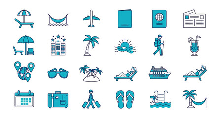Vector icon sheet of colorful travel and vacation icons including beach, hotel, flight, palm trees, luggage, and leisure elements for tourism, holiday, and adventure design themes