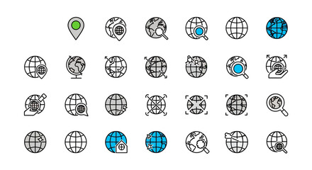 Vector icon sheet of globe and world map icons representing global location, search, data visualization, geography, network, navigation, and worldwide travel planning
