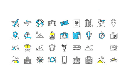 Vector icon sheet of travel and vacation elements including airplane, luggage, map, landmark, transportation, and holiday symbols representing adventure, exploration, and tourism