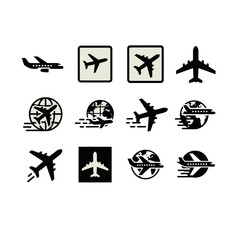 Vector icon sheet of airplane icons and aviation symbols representing air travel, airline routes, navigation, flight booking, global transportation, and modern tourism
