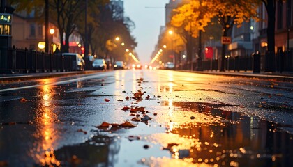 Obraz premium A city street bathed in warm evening light, reflecting in puddles after a rain, with fallen autumn leaves scattered across the wet pavement.
