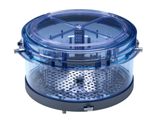 Transparent, blue, cylindrical device with a rotating inner component, likely for laboratory or industrial use.  Clear lid and base, showing internal structure