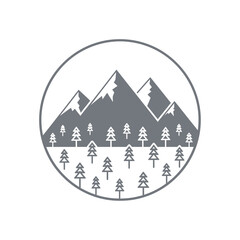 Vector icon of circular gray mountain range with snowcapped peaks and pine forest silhouette 
