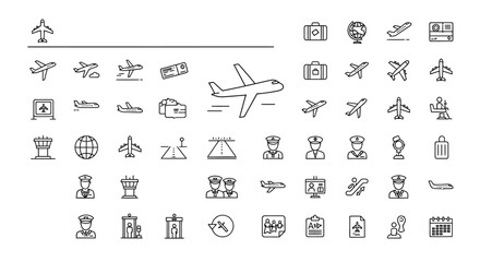 Vector icon sheet of airplane and travel elements including luggage, airport tower, pilots, tickets, and boarding passes for aviation, tourism, journey planning, and transport
