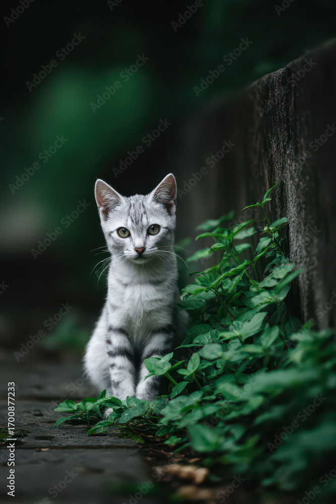 Poster curious kitten in greenery: a captivating image of a kitten with striking eyes sits patiently amidst