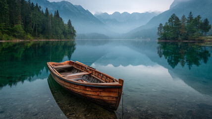 Obraz premium A wooden boat is moored on the calm lake, surrounded by misty mountains and reflecting in the crystal-clear water. Ai generated