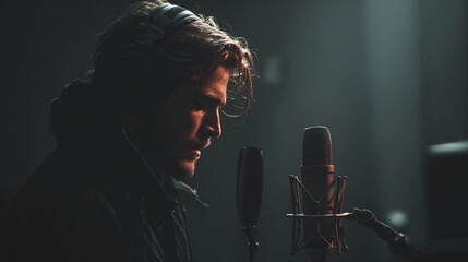 Male singer recording music in professional studio for album. Talented artist in headphones at microphone creating song. Audio production concept.