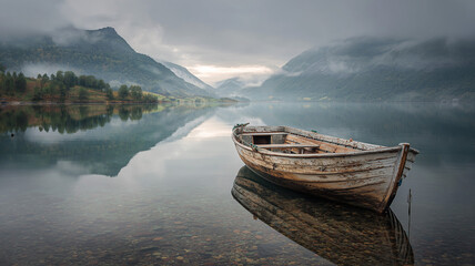 A wooden boat is moored on the calm lake, surrounded by misty mountains and reflecting in the crystal-clear water. Ai generated