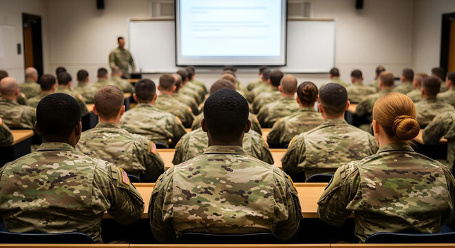  Classroom of military trainees in camouflage uniforms, focusing on front-row students